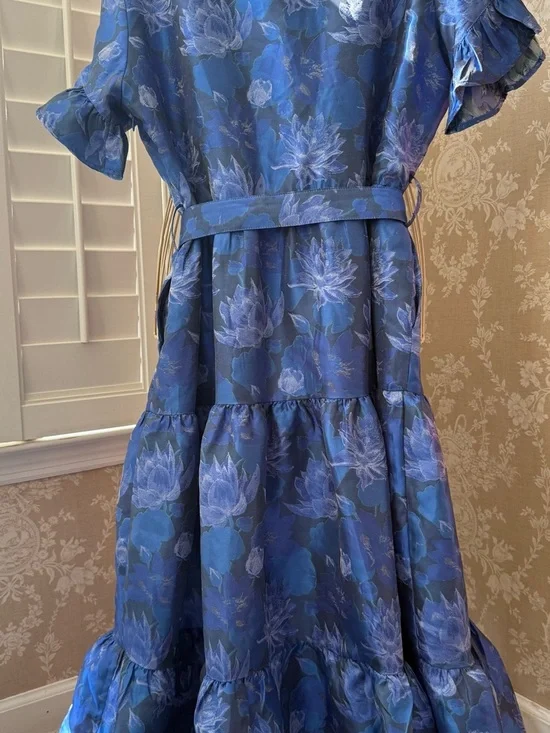 Blue jacquard Floral Tiered Midi Dress - Picture 11 of 11